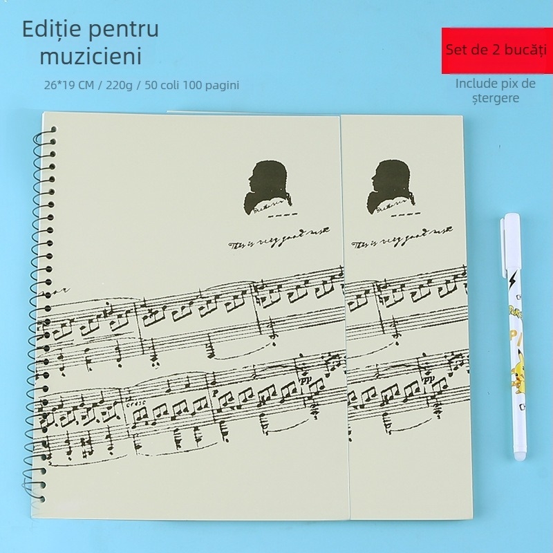 Caiet pentru notare pe cinci linii, pagini detașabile, spațiu mare pentru partituri de pian și teorie muzicală, pentru studenți (hârtie 40 g/m², până la 50 de pagini)
