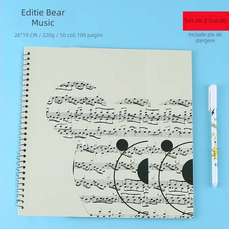Caiet pentru notare pe cinci linii, pagini detașabile, spațiu mare pentru partituri de pian și teorie muzicală, pentru studenți (hârtie 40 g/m², până la 50 de pagini)