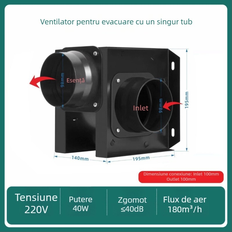Ventilator de canal split, ventilație 1-2 pentru baie și bucătărie, HF18B, 220V, 40W, Eficiență energetică II, Control mecanic