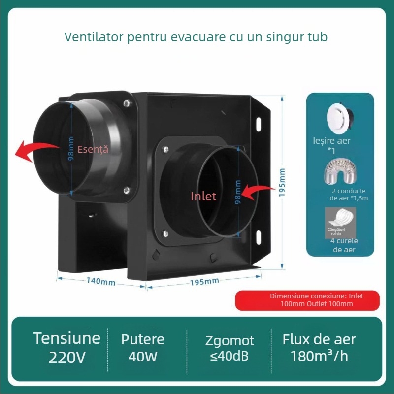 Ventilator de canal split, ventilație 1-2 pentru baie și bucătărie, HF18B, 220V, 40W, Eficiență energetică II, Control mecanic