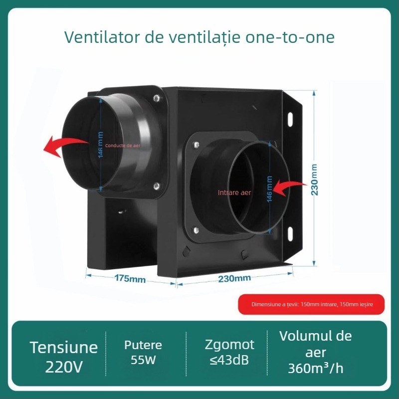 Ventilator de canal split, ventilație 1-2 pentru baie și bucătărie, HF18B, 220V, 40W, Eficiență energetică II, Control mecanic