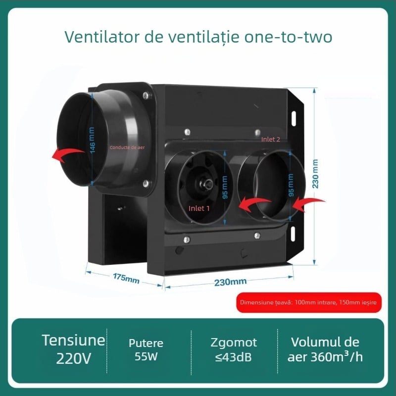 Ventilator de canal split, ventilație 1-2 pentru baie și bucătărie, HF18B, 220V, 40W, Eficiență energetică II, Control mecanic