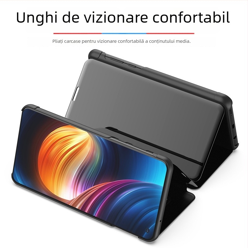 Carcasă din piele pentru telefon cu oglindă verticală — electroplating PC + piele PU, placare în vid, personalizabil, stil business/lux