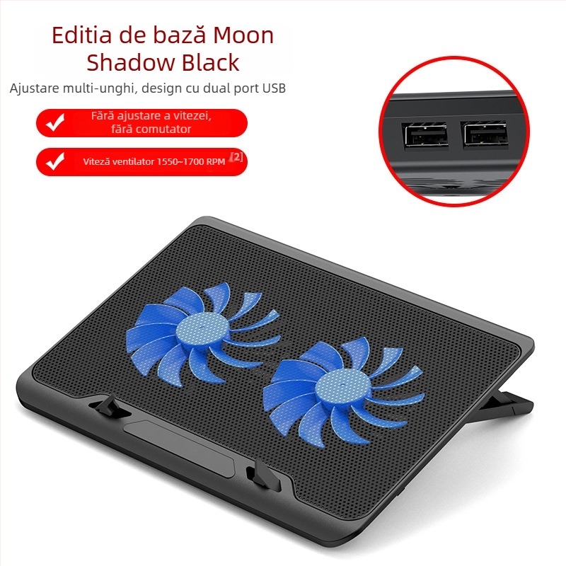 Suport de răcire pentru laptop cu două ventilatoare, plasă metalică, cablu de 50 cm, greutate 0,7–1,1 kg