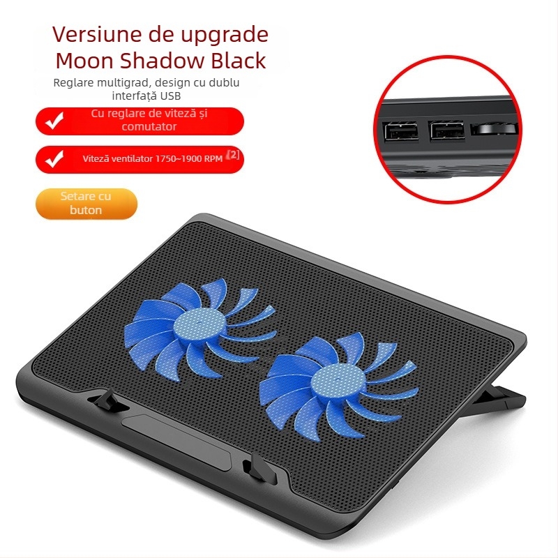 Suport de răcire pentru laptop cu două ventilatoare, plasă metalică, cablu de 50 cm, greutate 0,7–1,1 kg