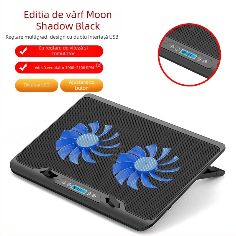 Suport de răcire pentru laptop cu două ventilatoare, plasă metalică, cablu de 50 cm, greutate 0,7–1,1 kg