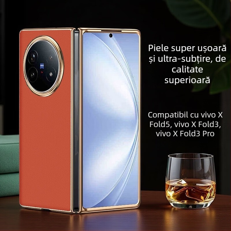 Husă Vivo X Fold 5 din piele naturală cu finisaj electroplatinat, personalizabilă, rezistentă la uzură, la cădere și la amprente