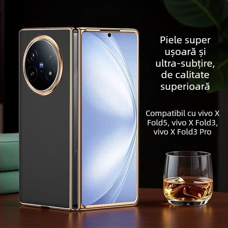 Husă Vivo X Fold 5 din piele naturală cu finisaj electroplatinat, personalizabilă, rezistentă la uzură, la cădere și la amprente