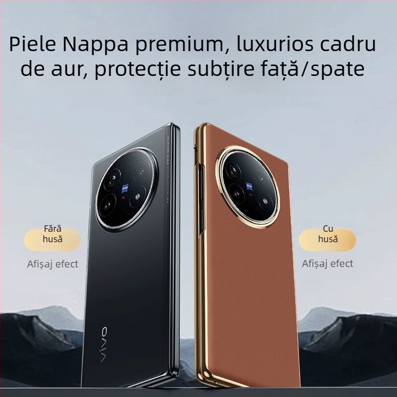 Husă Vivo X Fold 5 din piele naturală cu finisaj electroplatinat, personalizabilă, rezistentă la uzură, la cădere și la amprente
