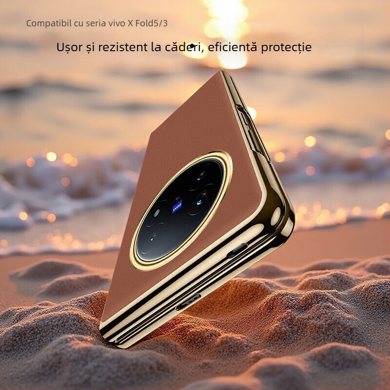 Husă Vivo X Fold 5 din piele naturală cu finisaj electroplatinat, personalizabilă, rezistentă la uzură, la cădere și la amprente