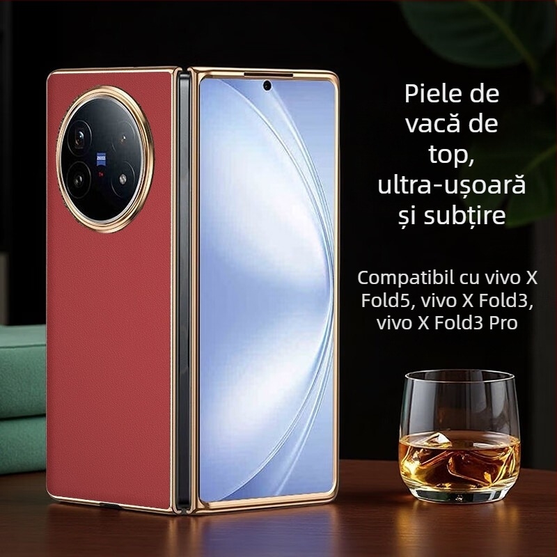 Husă Vivo X Fold 5 din piele naturală cu finisaj electroplatinat, personalizabilă, rezistentă la uzură, la cădere și la amprente