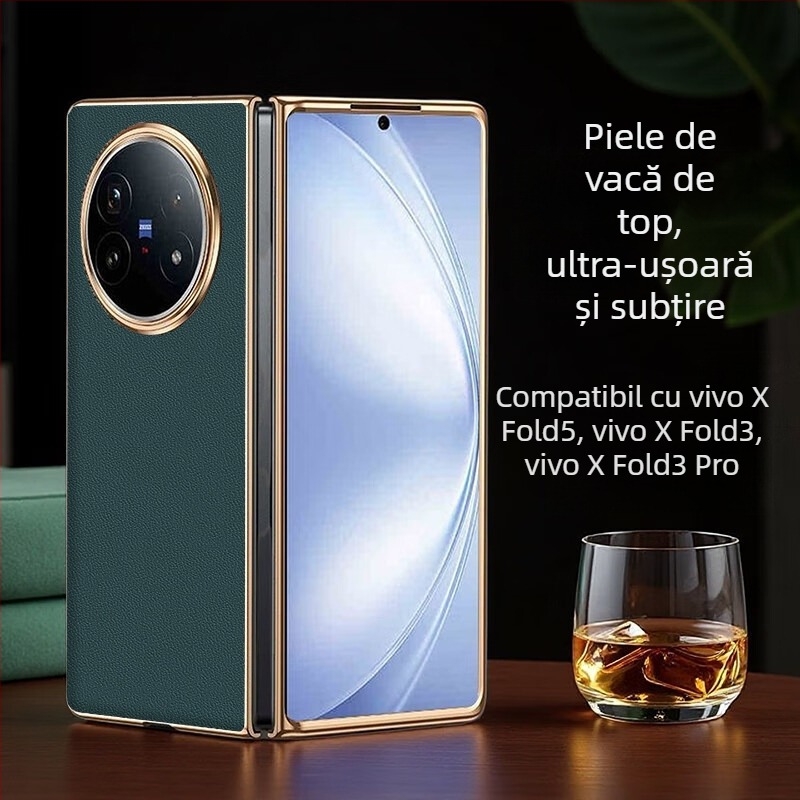 Husă Vivo X Fold 5 din piele naturală cu finisaj electroplatinat, personalizabilă, rezistentă la uzură, la cădere și la amprente