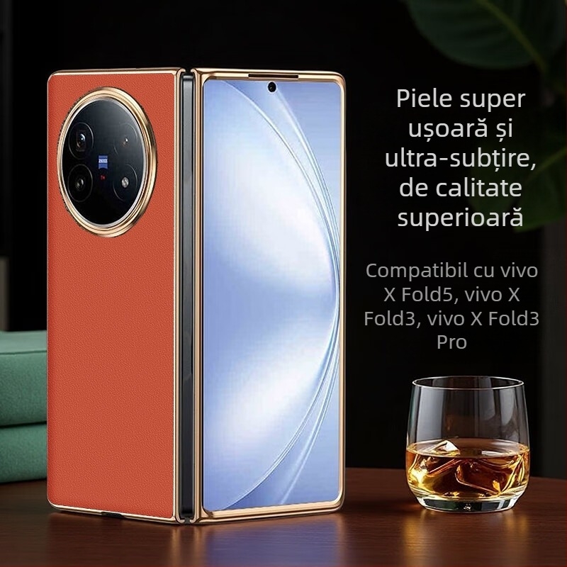 Husă Vivo X Fold 5 din piele naturală cu finisaj electroplatinat, personalizabilă, rezistentă la uzură, la cădere și la amprente
