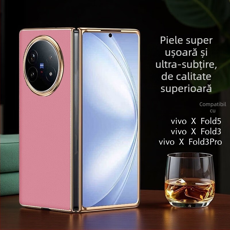 Husă Vivo X Fold 5 din piele naturală cu finisaj electroplatinat, personalizabilă, rezistentă la uzură, la cădere și la amprente