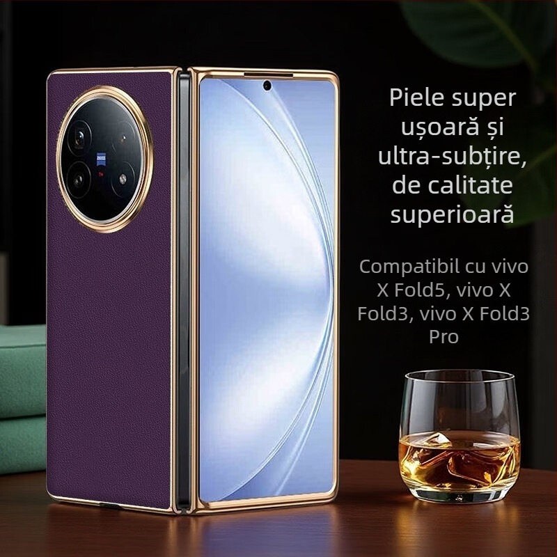 Husă Vivo X Fold 5 din piele naturală cu finisaj electroplatinat, personalizabilă, rezistentă la uzură, la cădere și la amprente