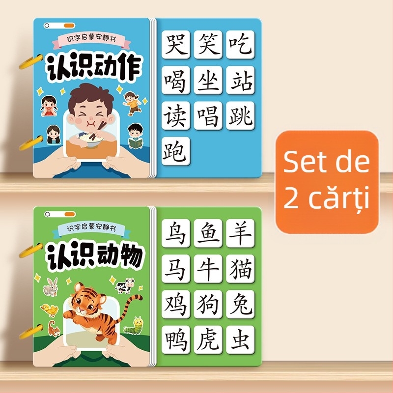 Carte liniștită pentru alfabetizare timpurie cu carduri pictografice și set de autocolante; pentru copii 3–6 ani; material: hârtie; marcă Pasien
