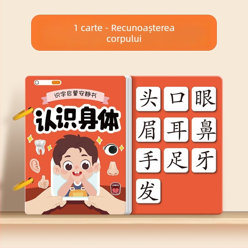 Carte liniștită pentru alfabetizare timpurie cu carduri pictografice și set de autocolante; pentru copii 3–6 ani; material: hârtie; marcă Pasien