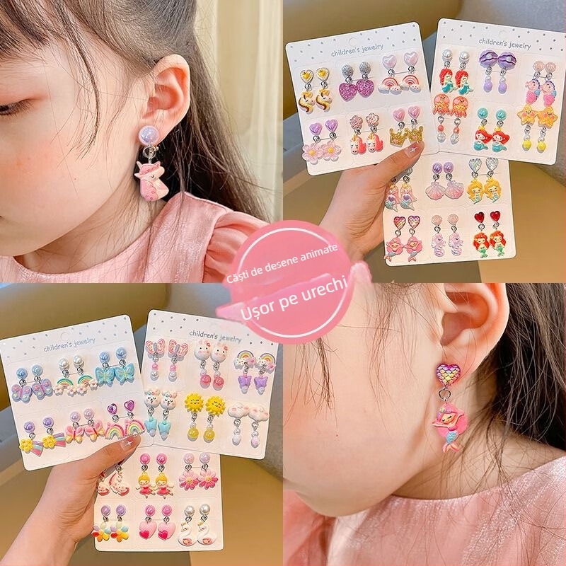 Clipuri pentru urechi copii, floare transparentă cu funda, lucrate manual, din plastic/resina, stil desen animat, pentru vârstele 0–3, 3–6, 6–10 și 10+