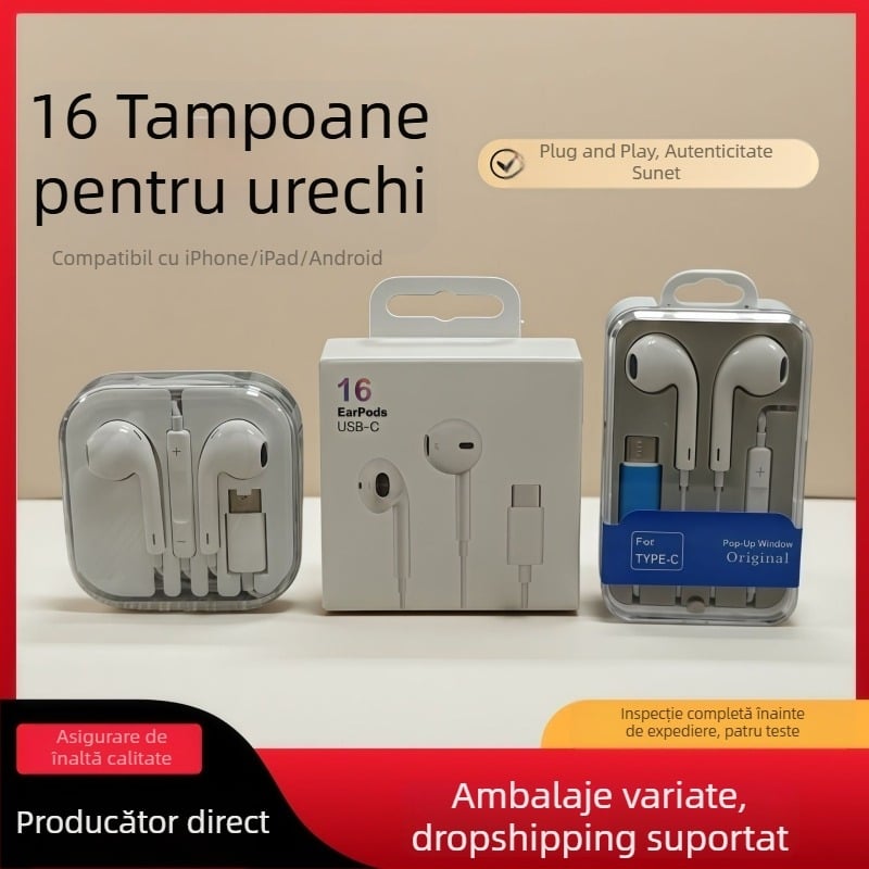 Căști cu fir in-ear, interfață Type-C, plug-and-play, driver dinamic, cablu de 1,2 m, compatibile cu iOS și Android