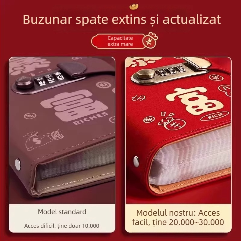 Suport pentru carnet bancar cu lacăt prin parolă – din piele sintetică, organizator pentru carnet bancar și cecuri, model Cd dj, marcă Full chain, cod produs Get rich money book