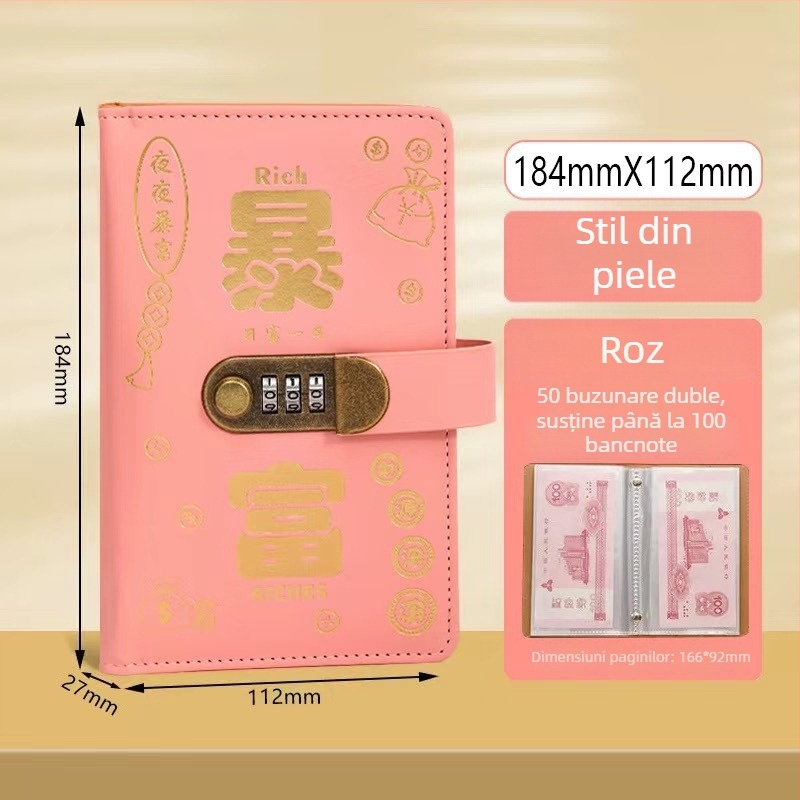 Suport pentru carnet bancar cu lacăt prin parolă – din piele sintetică, organizator pentru carnet bancar și cecuri, model Cd dj, marcă Full chain, cod produs Get rich money book