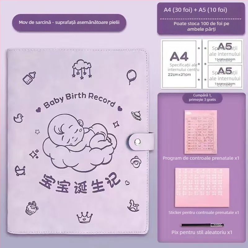 Carte de stocare a înregistrărilor de sarcină din piele, model Sleeping Baby Storage Book; 120 de pagini; grosime 1.5; grosime material 0.2; imprimare siglă disponibilă