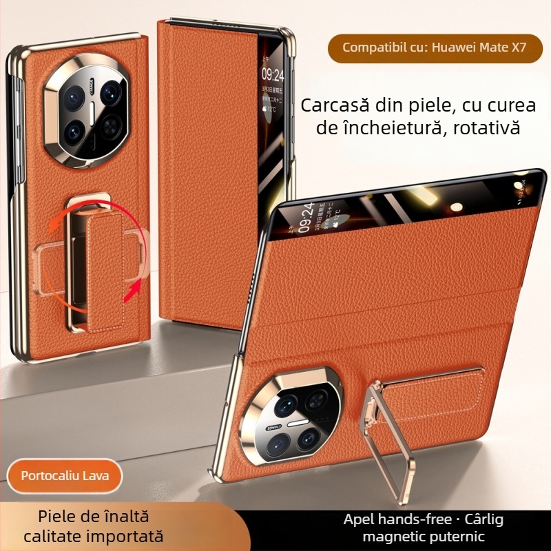 Carcasă Huawei MateX7 din piele cu brățară rotativă pentru încheietură, Electroplating cu ax dublu, Smart Window X6, Piele naturală, Rezistență la șocuri