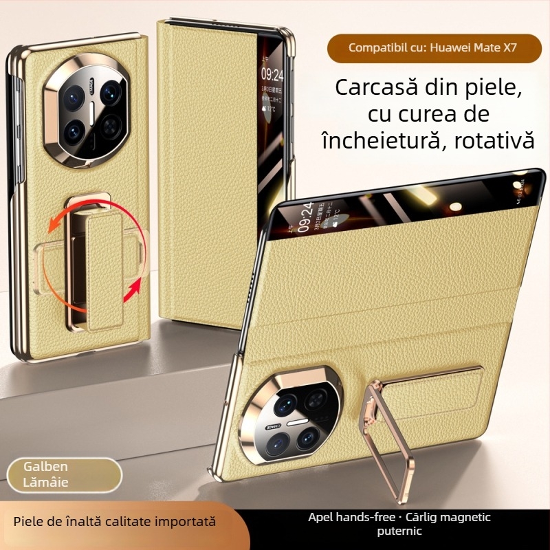 Carcasă Huawei MateX7 din piele cu brățară rotativă pentru încheietură, Electroplating cu ax dublu, Smart Window X6, Piele naturală, Rezistență la șocuri
