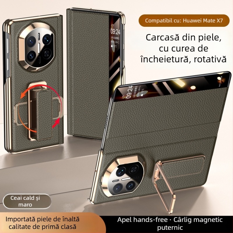 Carcasă Huawei MateX7 din piele cu brățară rotativă pentru încheietură, Electroplating cu ax dublu, Smart Window X6, Piele naturală, Rezistență la șocuri