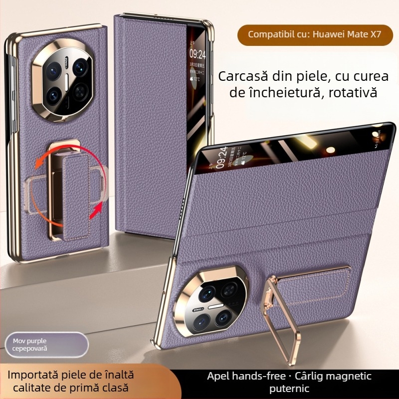 Carcasă Huawei MateX7 din piele cu brățară rotativă pentru încheietură, Electroplating cu ax dublu, Smart Window X6, Piele naturală, Rezistență la șocuri