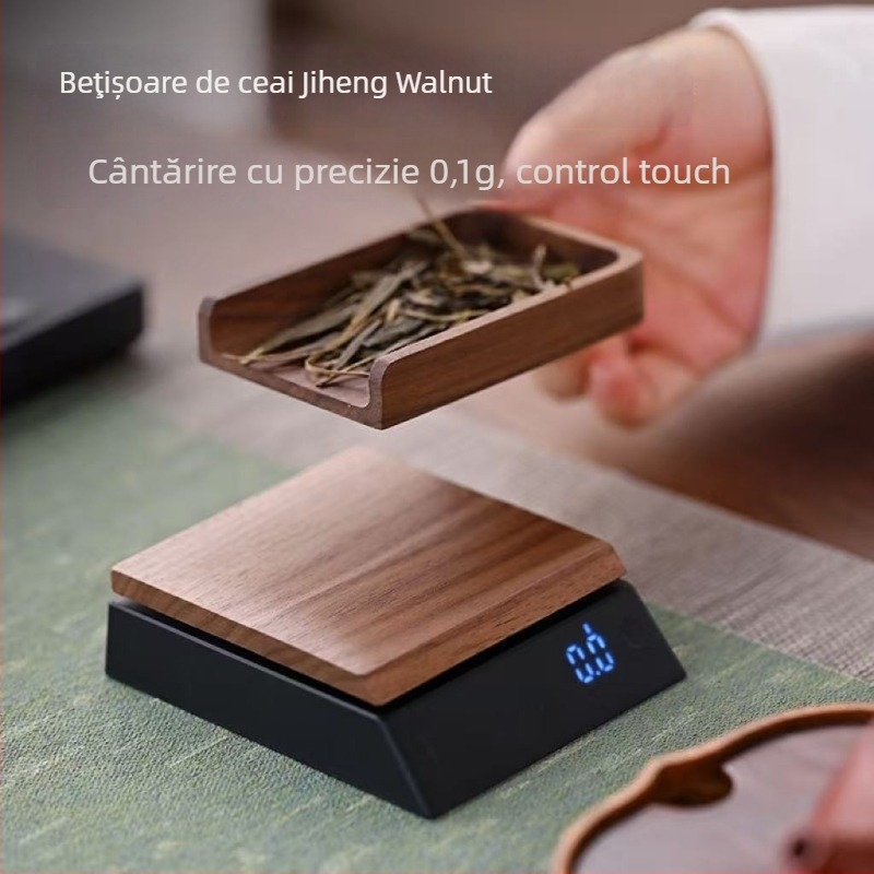 Cântar de ceai din lemn de nuc cu precizie 0,1 g, include linguriță pentru ceai, model JH-C30, capacitate 2000 g, măsurare electronică, baterie reîncărcabilă încorporată