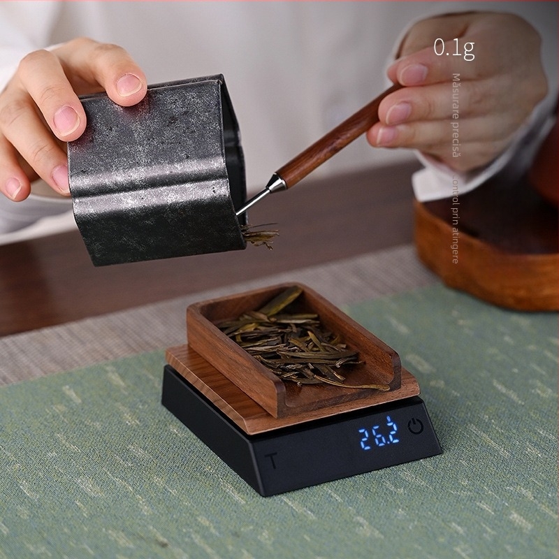 Cântar de ceai din lemn de nuc cu precizie 0,1 g, include linguriță pentru ceai, model JH-C30, capacitate 2000 g, măsurare electronică, baterie reîncărcabilă încorporată
