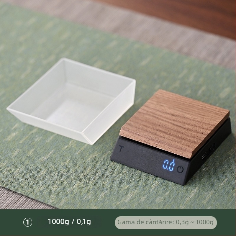 Cântar de ceai din lemn de nuc cu precizie 0,1 g, include linguriță pentru ceai, model JH-C30, capacitate 2000 g, măsurare electronică, baterie reîncărcabilă încorporată