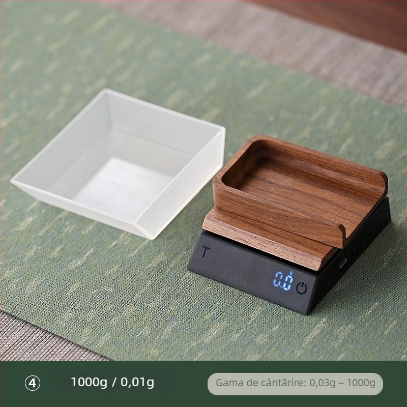 Cântar de ceai din lemn de nuc cu precizie 0,1 g, include linguriță pentru ceai, model JH-C30, capacitate 2000 g, măsurare electronică, baterie reîncărcabilă încorporată