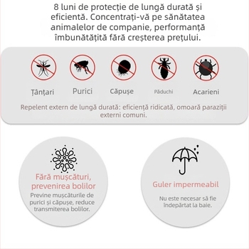 Colier antiparazitar pentru animale de companie – pentru câini și pisici, protecție împotriva puricilor, căpușelor și acarilor; repelent pentru insecte și țânțari