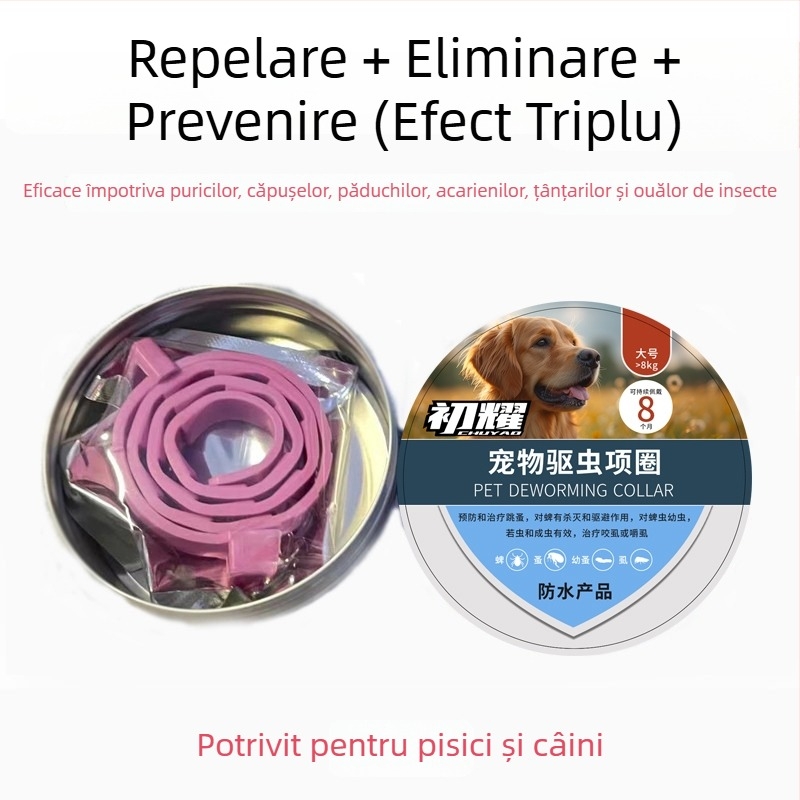 Colier antiparazitar pentru animale de companie – pentru câini și pisici, protecție împotriva puricilor, căpușelor și acarilor; repelent pentru insecte și țânțari