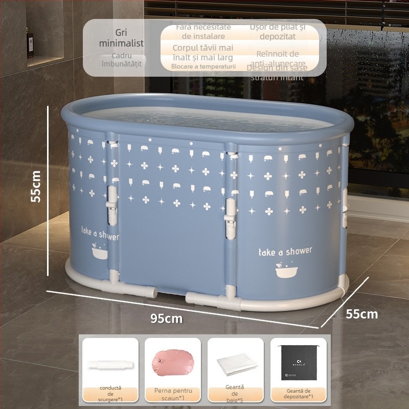 Găleată de baie pliabilă pentru adulți – fără montaj, pliere cu un singur clic, pentru întregul corp, PVC + pânză din nailon, origine Shandong