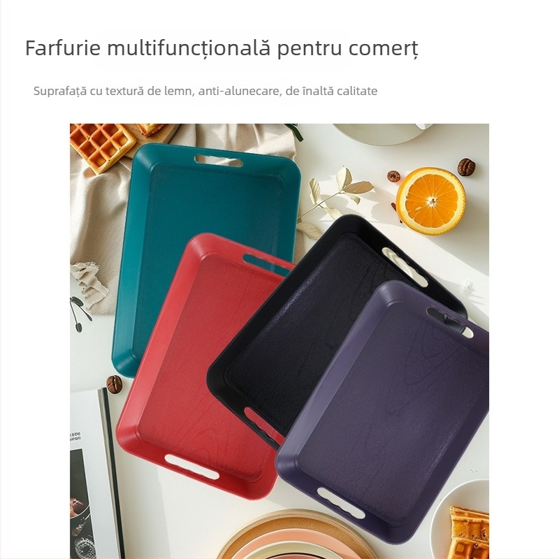 Tavă de servire dreptunghiulară din plastic cu mâner, anti-alunecare, design îngroșat, stil Nordic simplu, pentru restaurante și hoteluri