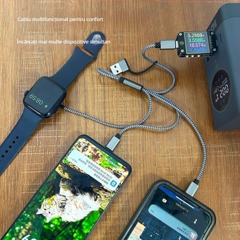 Cablu de date PD60W Fast-Charging USB-C/Lightning/Micro USB, 1 la 4 splitter, nylon