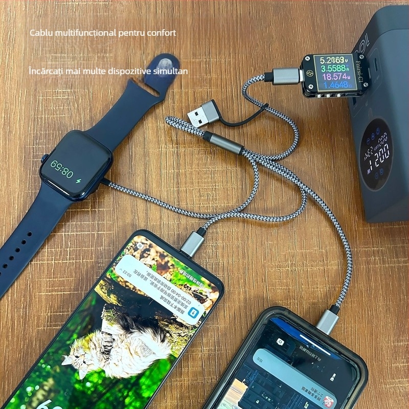 Cablu de date PD60W Fast-Charging USB-C/Lightning/Micro USB, 1 la 4 splitter, nylon