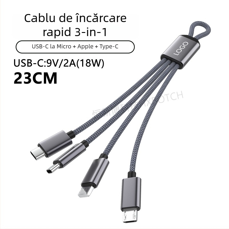 Cablu de date PD60W Fast-Charging USB-C/Lightning/Micro USB, 1 la 4 splitter, nylon