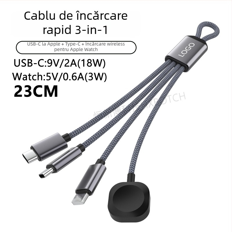 Cablu de date PD60W Fast-Charging USB-C/Lightning/Micro USB, 1 la 4 splitter, nylon