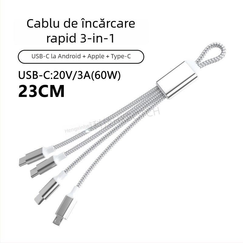 Cablu de date PD60W Fast-Charging USB-C/Lightning/Micro USB, 1 la 4 splitter, nylon