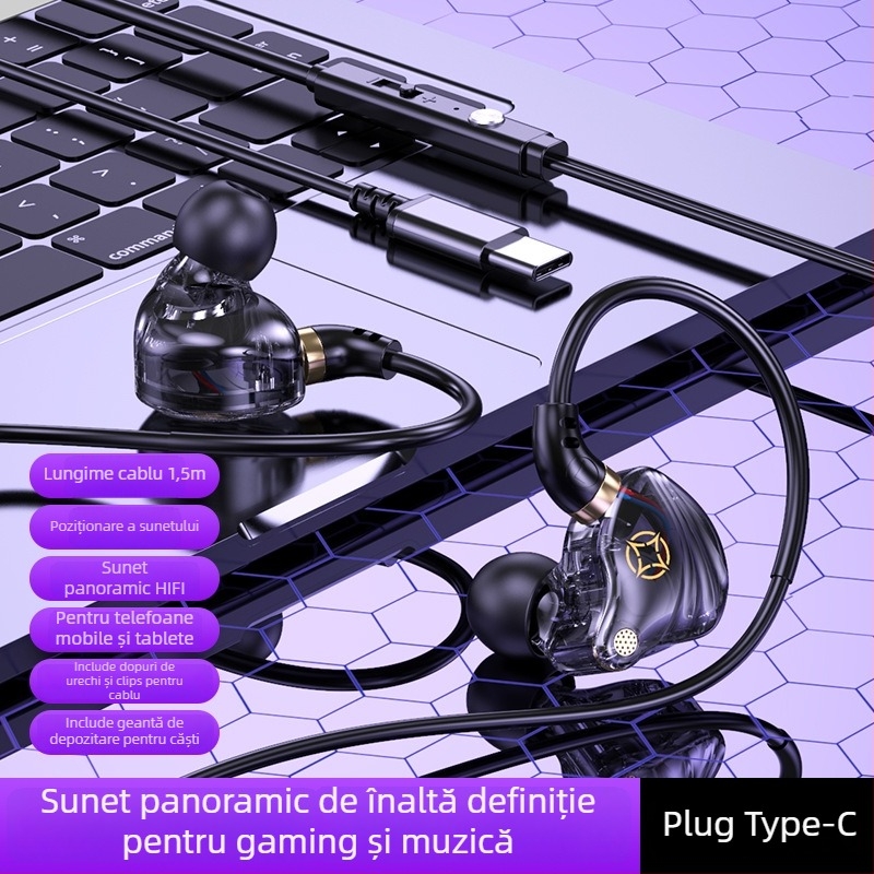 Căști in-ear cu fir, cu mufe USB-C și 3,5 mm (microfon încorporat, 20–20000 Hz, cablu de 1,5–2,5 m)