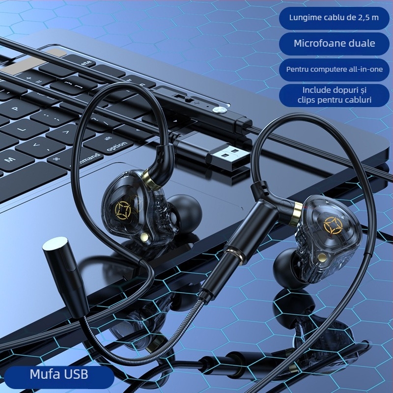 Kckz Delta căști de gaming cu fir, cu două microfoane, compatibile Type-C/USB/3.5 mm cu conectori duali, design cu cârlige pentru urechi, cablu 1.5–2.5 m