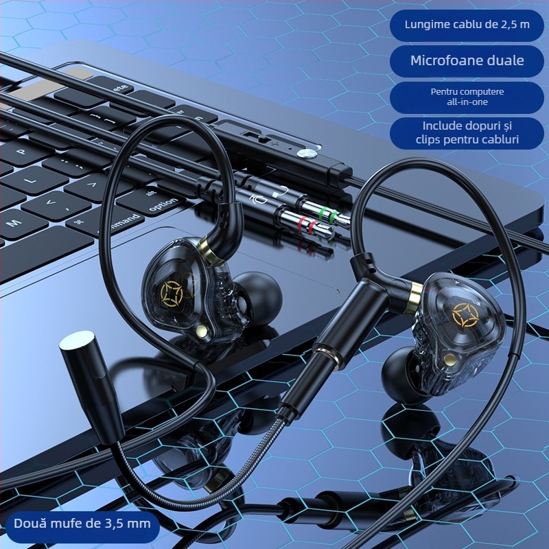 Kckz Delta căști de gaming cu fir, cu două microfoane, compatibile Type-C/USB/3.5 mm cu conectori duali, design cu cârlige pentru urechi, cablu 1.5–2.5 m