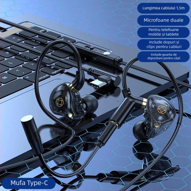 Kckz Delta căști de gaming cu fir, cu două microfoane, compatibile Type-C/USB/3.5 mm cu conectori duali, design cu cârlige pentru urechi, cablu 1.5–2.5 m