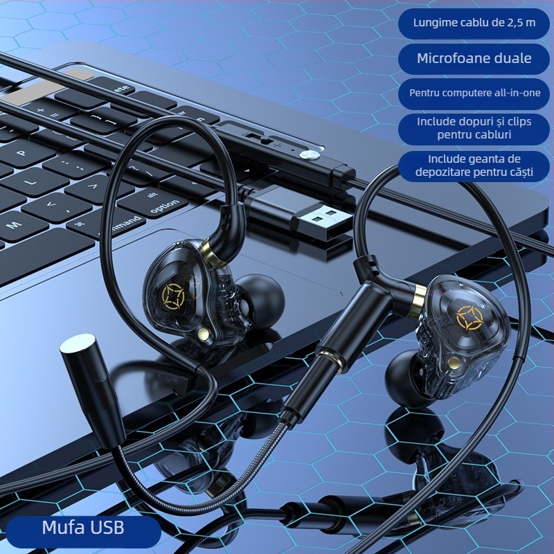 Kckz Delta căști de gaming cu fir, cu două microfoane, compatibile Type-C/USB/3.5 mm cu conectori duali, design cu cârlige pentru urechi, cablu 1.5–2.5 m