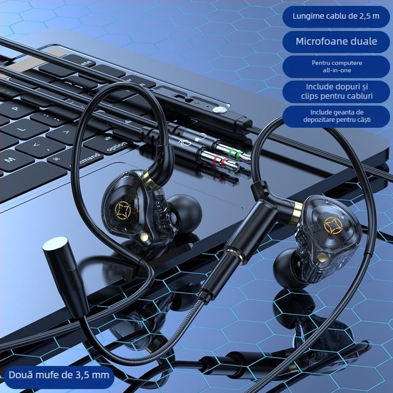 Kckz Delta căști de gaming cu fir, cu două microfoane, compatibile Type-C/USB/3.5 mm cu conectori duali, design cu cârlige pentru urechi, cablu 1.5–2.5 m