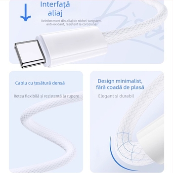 Cablu USB-C la USB-C din material textil, pentru transfer de date, 60W încărcare rapidă, compatibil cu iPhone 15